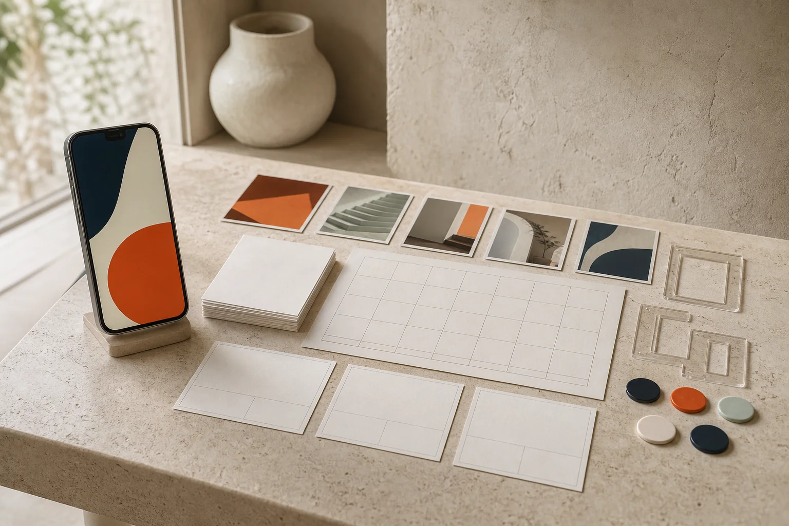 Organisation éditoriale composée d’un téléphone abstrait, de cartes et d’un calendrier sans texte