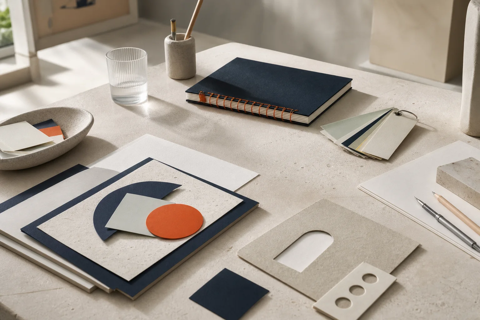 Atelier d’identité visuelle avec papiers, formes géométriques et nuancier sans texte