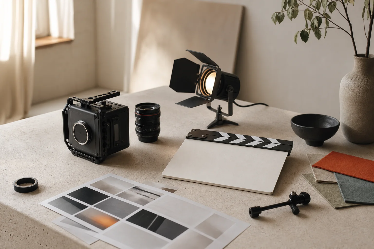Matériel de production photo et vidéo disposé dans un studio éditorial lumineux