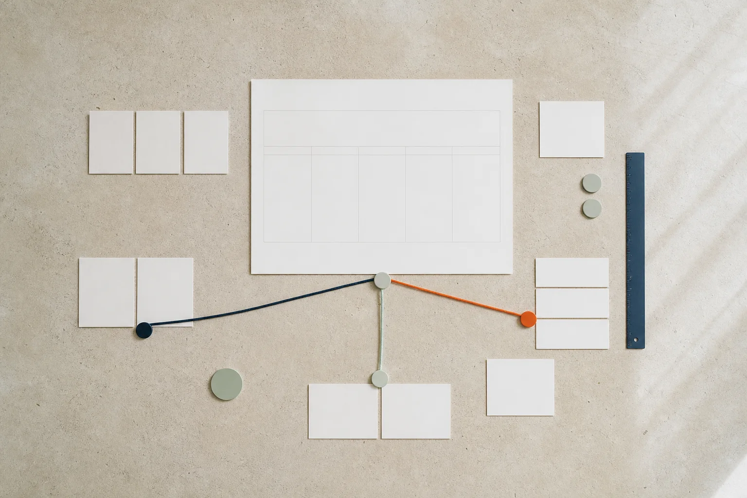 Atelier de stratégie composé de cartes, repères et fils convergeant vers une direction commune